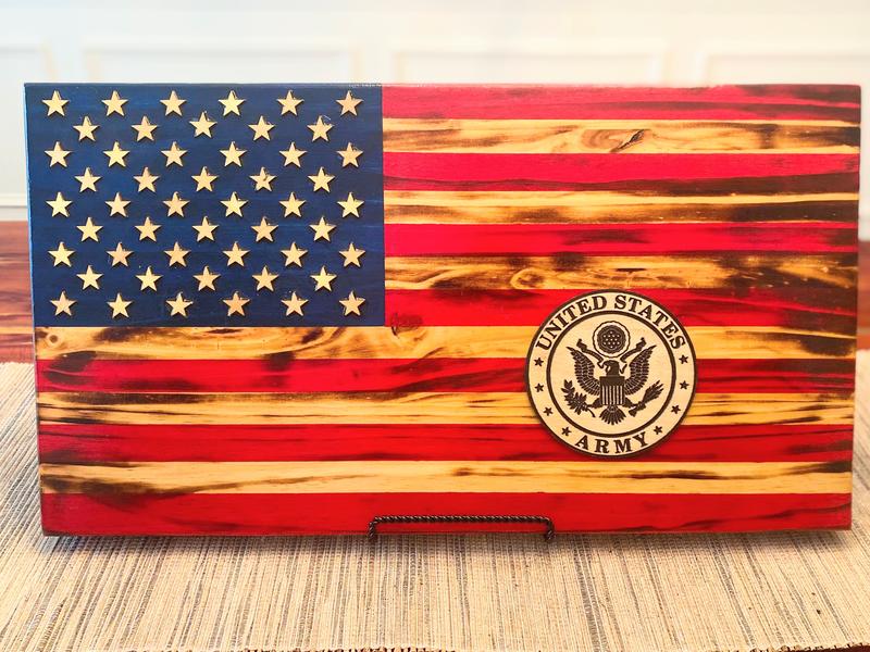 Wooden USA Flag with Military Imagery - Unique Design, approximately 14x2x24 Inches, Hand Painted Stars, Ideal for Collectors and Gifts - Decor