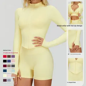 Women's button-down zipper long-sleeved yoga jacket - Tight quick-drying yoga suit - Outdoor fitness sports top