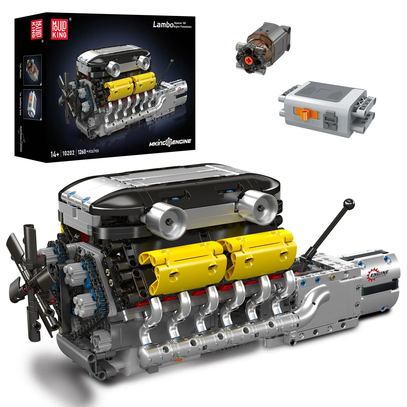 Mould King 10202 V12 Engine Model kit That Runs - Build Your Own STEM V8 Model Engine for Adults, 12-Cylinder Car Engine, Shiftable Gear Operation, Mechanic Engineering Construction Set (1260 PCS)