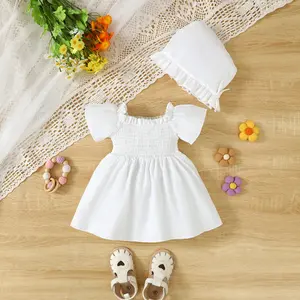 Ready Stock Baby Baptism Dress Solid White Smocking Short Sleeve Dress With Hat 2Pcs 1-18M Girls Christening Ideas 42412026