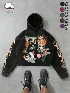 Unisex Vintage Casual Streetwear Hoodie, Flame Skull Graphic Design, Soft Breathable, Fashion Men's Daily Wear, Halloween Style
