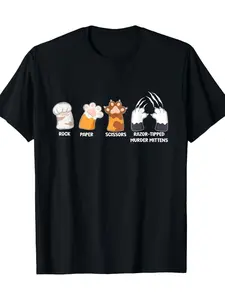 Plus Size - Plus Size - 'S Funny Rock-Paper-Scissors Cat Paw Murder Mittens Graphic Tee |   Lightweight 180Gsm Black T-Shirt With Murder Mittens Design Machine Washable Perfect For Gaming Costume Parties Casual Wear Breathable Material