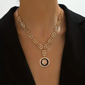 Women's Fashion Pendant Necklace, Vintage Greek Key Geometric Lion Head, Hip-Hop Punk Style Y-Shaped Long Sweater Chain, Zinc Alloy, All-Season Wear for Daily & Parties