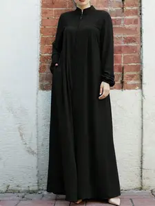 Women's Plain Pocket Zipper Arabian Dress, Casual Long Sleeve Stand Collar Maxi Dress for Daily Wear, Ladies Modesty Muslim Clothing for All Seasons, Muslim Women Gowns, Solid Color Abaya