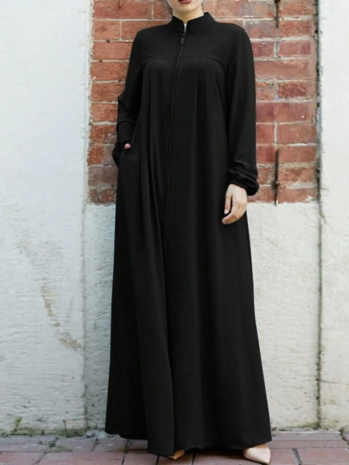 Women's Plain Pocket Zipper Arabian Dress, Casual Long Sleeve Stand Collar Maxi Dress for Daily Wear, Ladies Modesty Muslim Clothing for All Seasons