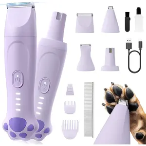 Dog Clippers for Grooming - 4-in-1 Dog Clippers Grooming Kit with Low Noise & IPX7 Waterproof Includes Comb Paw Trimmer Nail Grinder - Rechargeable & Cordless Dog paw Trimmer (Purple)