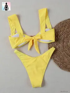 Sexy Solid Color Shaping Snatched High Cut Cheeky Star Hardware Tie Back Bikini Set Two Piece Swimsuit Bathing Suit Swimwear Beachwear Beach Holiday Vacation Summer Getaway Pool Parties Resort Wear Women Ladies Vacay Essential Fashion Chic Lady