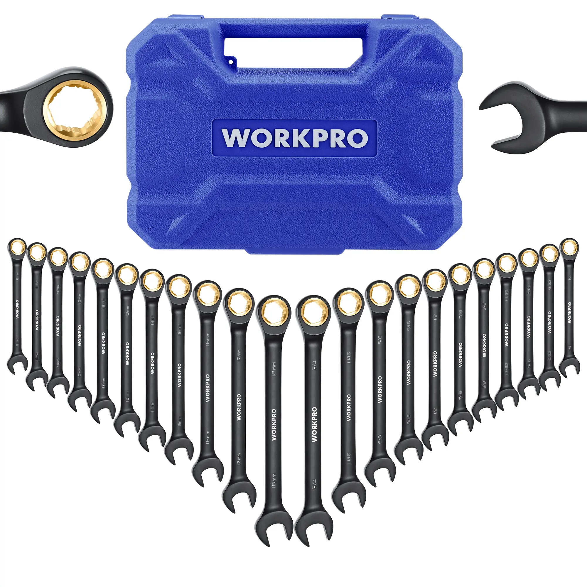 #fathersdaygift WORKPRO 22-Count Ratcheting Wrench Set, Anti-slip Teeth, Ratchet Combination Wrench Sets with Organizer Box, Metric 6-18mm & SAE 1/4-3/4", Black Electrophoretic Coating