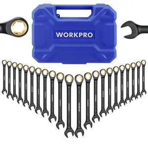 #JumpstartSale WORKPRO 22-Count Ratcheting Wrench Set, Anti-slip Teeth, Ratchet Combination Wrench Sets with Organizer Box, Metric 6-18mm & SAE 1/4-3/4", Black Electrophoretic Coating