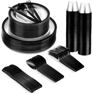 500 Pcs Disposable Dinnerware Set for 100 Guests, Disposable Dinnerware Set for Birthday Wedding of 100, 100 Cups, 100, 100, 100(Black)