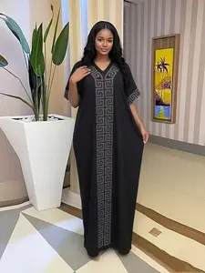 African Nigerian Style Women's Dress, Rhinestone Loose Ethnic Boubou Kaftan, Elegant Solid Color Daily Party Muslim Robe, with Scarf and Pockets 2026