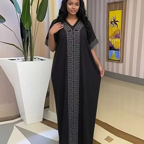 2026 African Nigerian Style Women's Rhinestone Loose Boubou Islamic Caftan Dress, Elegant Solid Color, Muslim Ethnic Robe with Matching Scarf & Pockets, Daily Party Wear