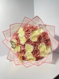 Handmade Satin Ribbon Rose Bouquet - Rose Gold & Cream (32-Rose)