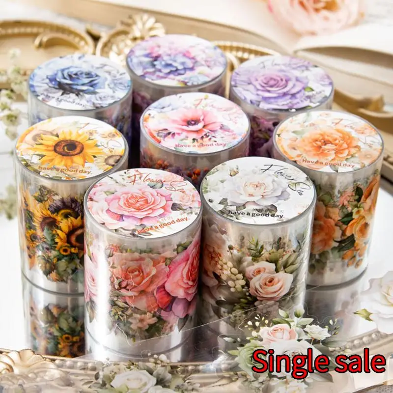 Random Color Flower Pattern Scrapbooking Sticker (1 Roll), Waterproof PET Decorative Collage Sticker, DIY Scrapbooking Adhesive Sticker Tape, Handmade
