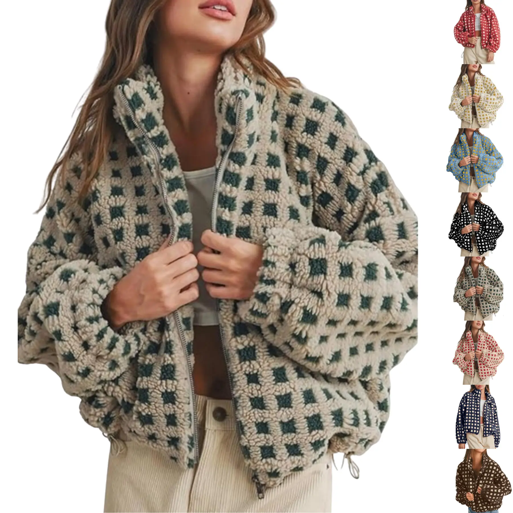 SCUSTY Women Winter Fleece Jacket Plaid Fleece Warm Coat Long-sleeve Zippered Sherpa Jacket with Pockets SCUSTY Women Winter Fleece Jacket Plaid Fleece Warm Coat Long-sleeve Zippered Sherpa Jacket with Pockets