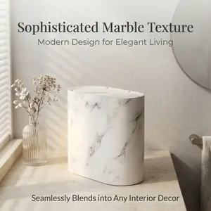 Marble Print Slim Oval Trash Can with Lid, Sleek Modern Odor-Resistant Waste Bin, Space-Saving Garbage Holder for Bathroom, Bedroom & Kitchen Decor