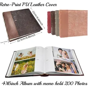 PU leather Retro Print photo album for 4x6-inch Pictures, featuring a vintage-style printed cover, slip-in pockets, scrapbook-style pages, DIY Display, Multiple Colors, Durable Paper Pages and a section for writing notes.