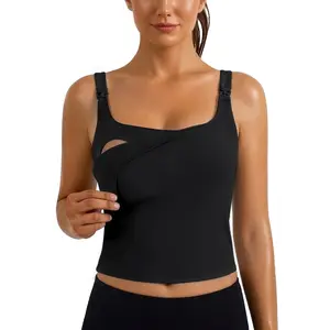 【Ecavus】Women's Nursing Bras for Breastfeeding Tank Tops Square Neck Nursing Workout Crop Top with Built in Bra for Workout