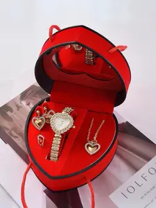 Four-piece gift set, double-drainage rhinestone watch, heart-shaped gift box, fashionable, delicate, and luxurious rhinestone thin-strap bracelet quartz watch, Elegant jewelry set