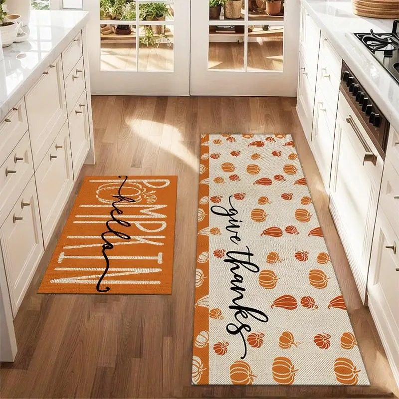 2Pcs Autumn Watercolor Pumpkin Thanksgiving Floor Mat Set Art Sketch Printed Carpet Farmhouse Anti Fatigue Kitchen Carpet Winter Vacation Party Kitche