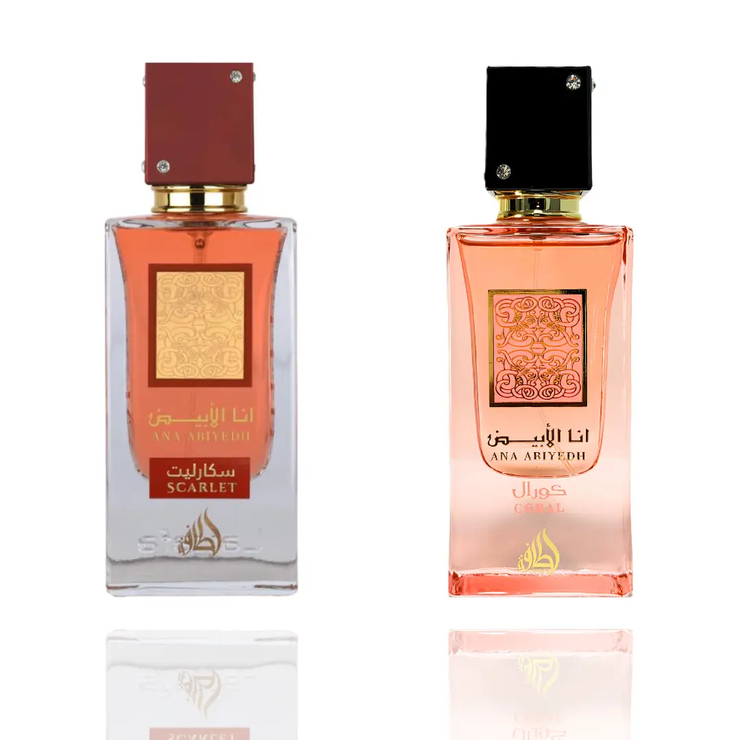 Lattafa Modern Potent Unisex 2-Piece EDP Fragrances Bundle - Ana Abiyedh Coral (Tropical, 3.4 fl oz, Saffron Musk Notes) & Ana Abiyedh Scarlet (Coconut Vanilla Amber, 3.4 fl oz, Coconut Vanilla Fragrance) EDP Liquid Perfumes, Modern Unisex Fragrance