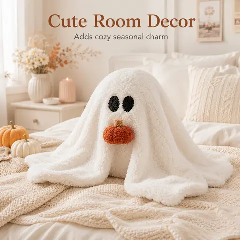 KKC Classic Soft White Sherpa Ghost Pillow Plush - Indoor Halloween Decorations, Unique Room Decor Pillows with Pumpkin, Fall Home Supplies for Couch Bed, Cute Spooky Season Gift, Home Decor Items