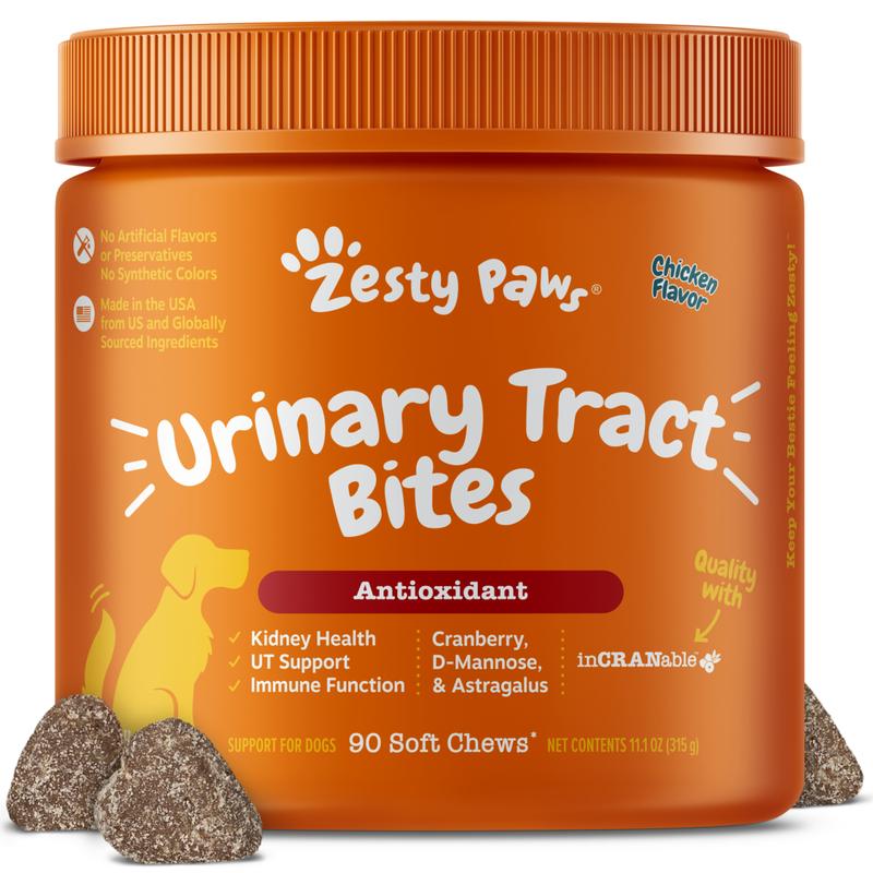 Zesty Paws Urinary Tract Bites for Dogs Soft Chew Pet Treats with Cranberry D-Mannose & Astragalus for Kidney Bladder Health Immune Function Premium InCRANable Concentrate