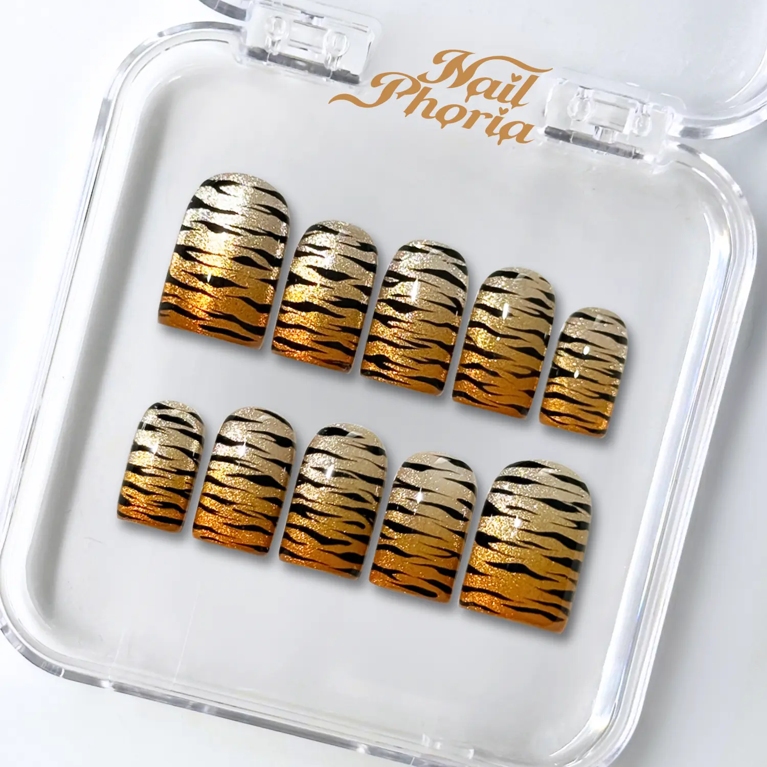 NailPhoria GLITCH TIGER - Fall Handmade Press-On Nails | Reusable, Salon-Quality, Long-Lasting, Glossy Design