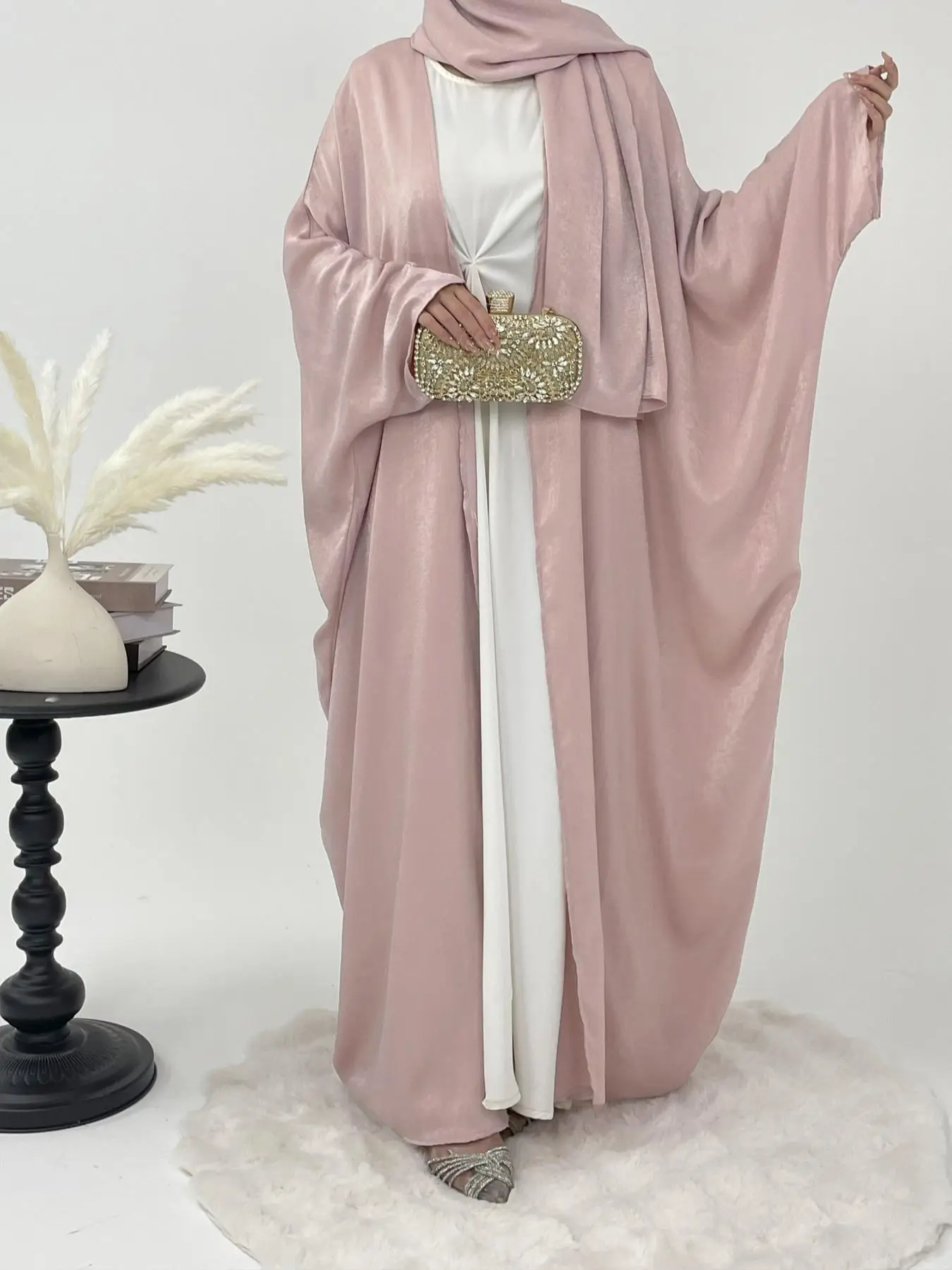 Women's Solid Color Abaya Set, Modest Casual Long Sleeve Open Front Abaya & Hijab Set for Daily Wear, Women's Islamic Clothing for All Seasons