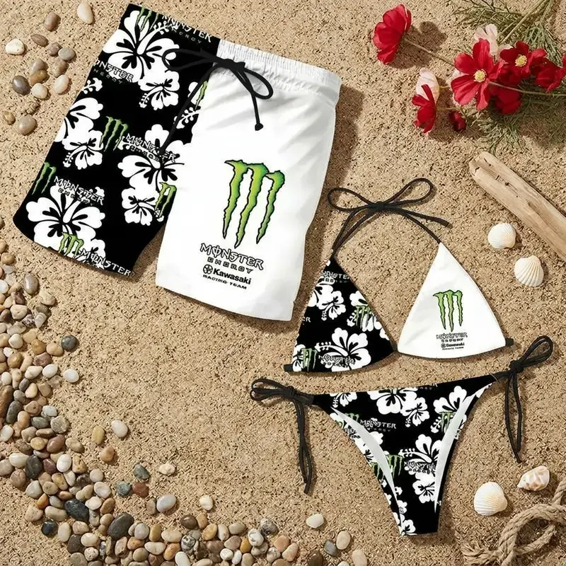 Matching Monster Floral Swimsuits for Couples - Women's Swim Bra & Tie-Side Thong Bikini, Men's Beach Shorts, Summer Vacation Hawaiian Swimwear