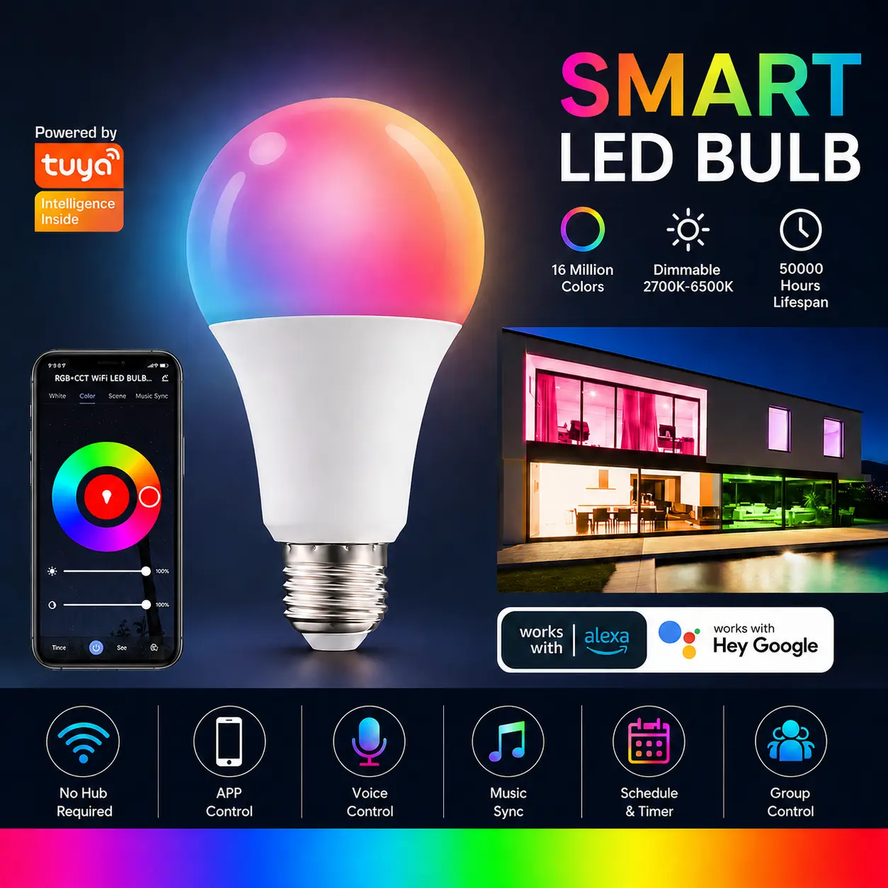 Smart RGB LED Light Bulb - WiFi Enabled 16M Colors Dimmable RGB+CCT Warm/Cool White Bulb, App & Voice Control, Compatible with Voice Assistants, for Modern Home Decor, Indoor Gamers' Bedroom Gaming Room
