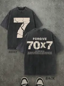 Vintage Forgive 70x7 Christian T‑Shirt, Matthew 18:21‑22 Cracked Number Washed Black Cotton Oversized Short Sleeve Tee, Retro Faith‑Based Casual Crewneck Shirt with Front & Back Print