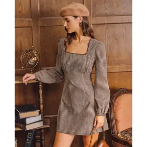 Brown Plaid Square Neck A-line Mini Dress