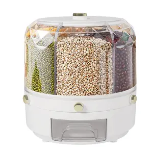 6 Grids Rice & Grain Storage Container Rice Dispenser 360° Rotating Food Dispenser Grain Dispenser One-Button Pressing Storage Bucket for Grains Snacks Candy Coffee Beans Dog Kitchen Utensils White