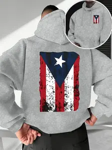 Men's Fall Winter Trendy Hoodie, Puerto Rico Flag Geometric Print Front Back, Casual Fitted Hooded Sweatshirt, Drawstring Pocket Design