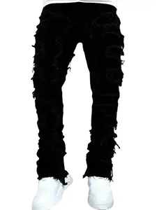 Stylish Men Hiphop Stacked Spliced Washed Slim Jeans Pants High Quality Streetwear Beige Plain Distressed Straight Biker Denim Trousers