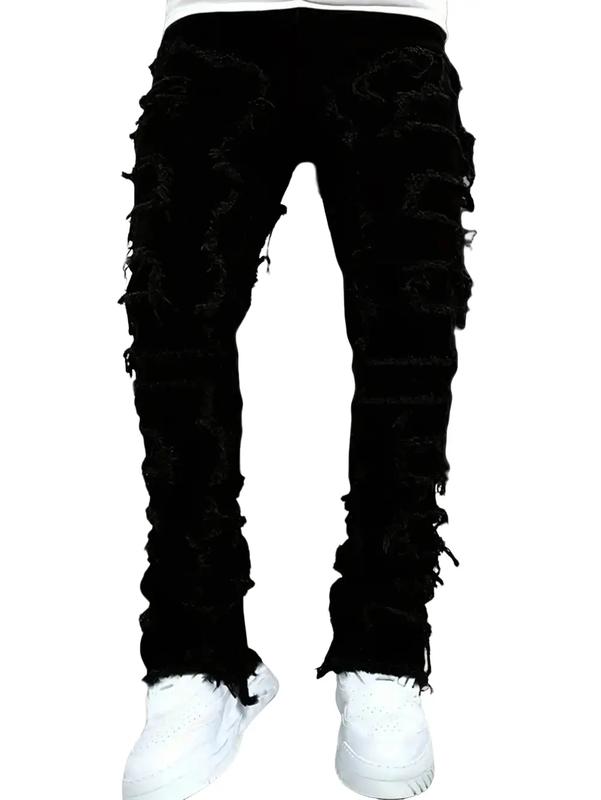 Stylish Men Hiphop Stacked Spliced Washed Slim Jeans Pants High Quality Streetwear Beige Plain Distressed Straight Biker Denim Trousers Summerwins