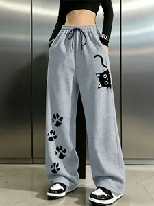 Women's Casual Comfy Baggy Long Pants, Wide Leg, Everyday Spring Summer Fashion, Geometric Pattern, Cat Print, Loose Fit, Drawstring Waist, Adjustable, Four-Season Wear