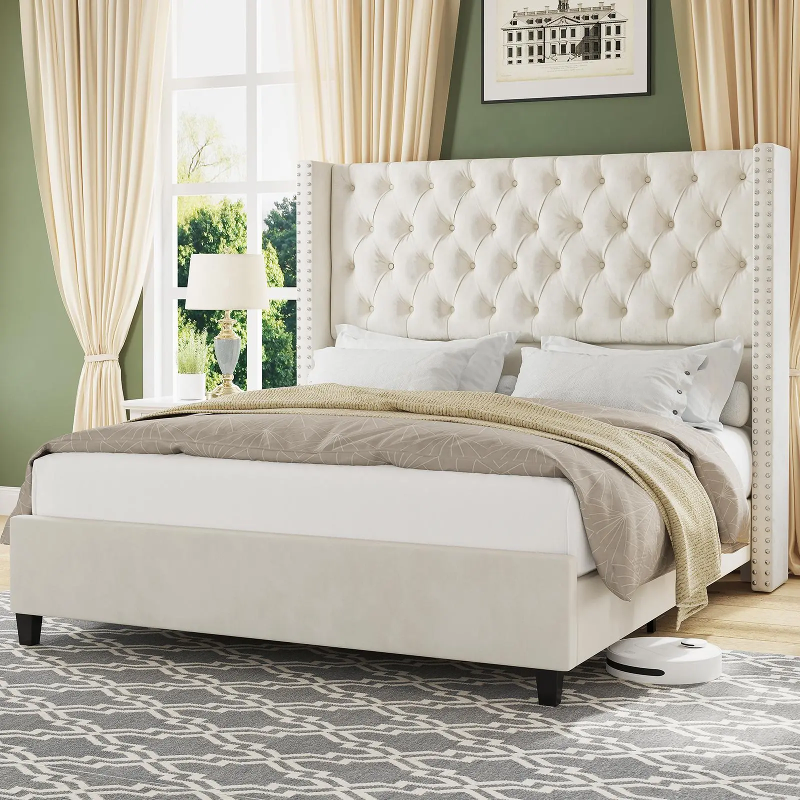 VanAcc Bed Frame Velvet Upholstered Platform Bed with 51.6" Tall Wingback Headboard Deep Button Tufted, No Box Spring Needed/Christmas Gift