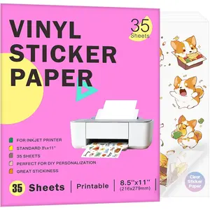 35 Sheets  Printable Clear Vinyl Sticker Paper for Inkjet Printers 8.5x11 Inch  &  Colours Retains Ink Well  Resistant  for  Machines