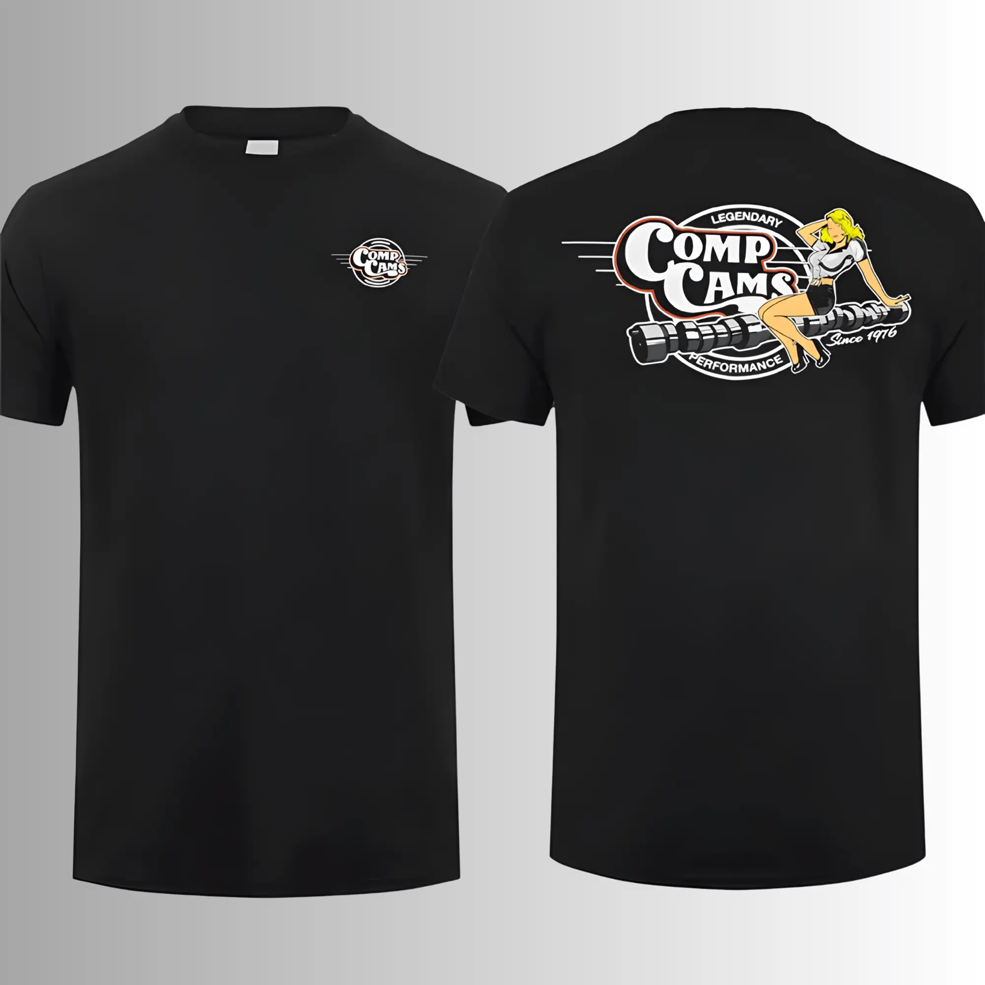 Comp Cams Pinup Girl Camshaft T-Shirt, 2 Sides, Legendary Performance Racing Graphic Tee
