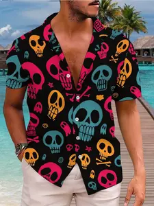 Men's Summer Fun Skull Print Tropical Hawaiian Shirt, Beach Vacation Casual Button-Down Top, Soft Skin-Friendly Material, Fast Shipping