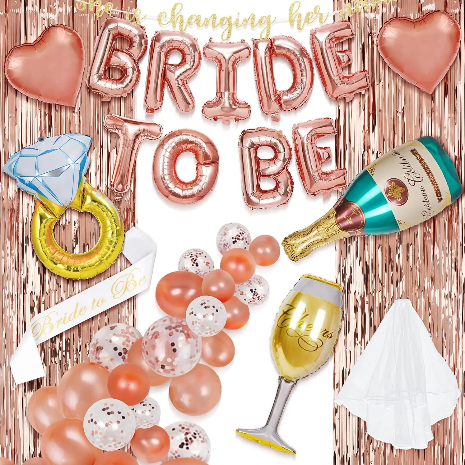 Ultimate Rose Gold Bachelorette Party Decorations Set - Including Bride to Be Sash, Veil, Confetti Balloons, Banner, Fringe Curtain