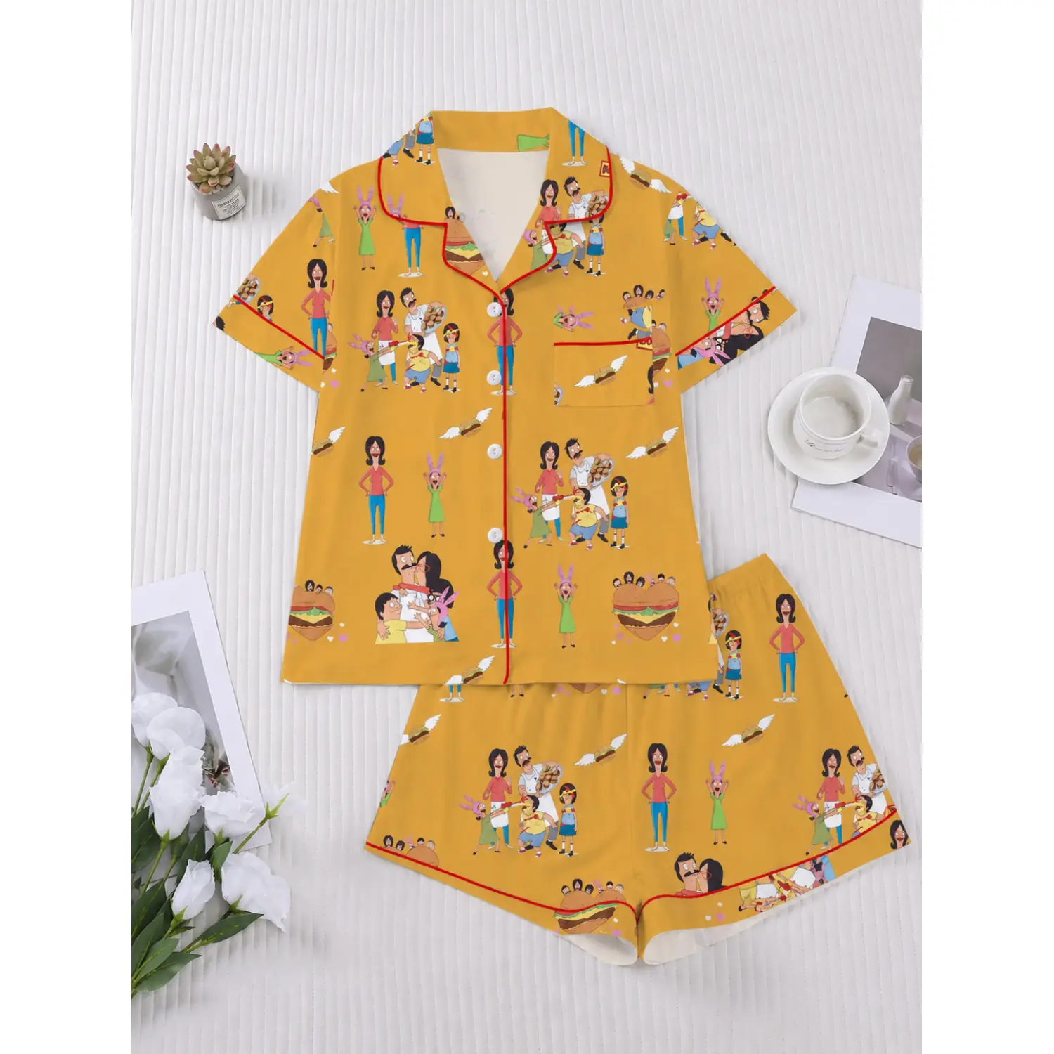Bob's Burgers Women's Family Sleepwear Set, American Cartoon Full Print Short Sleeve and Shorts Pajama Set, Comfortable Casual Loungewear
