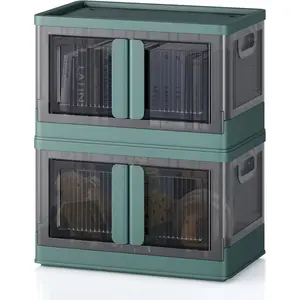 8.4Gal Collapsible Storage Bins with Lids Wheels 2 Pack Stackable with Doors HeavyDuty Plastic Containers for Home Office Green