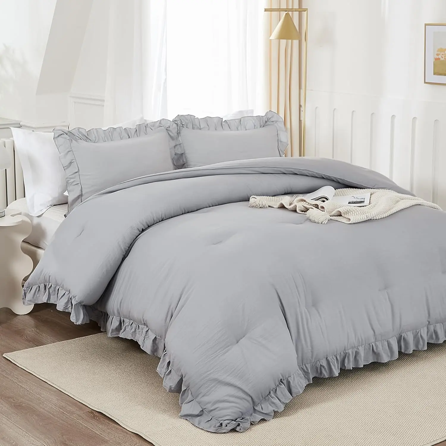Silver Gray Comforter King, 3 Farmhouse Ruffle, Lightweight Fluffy Microfiber Comforter (1 Ruffle Comforter  2 Pillowcases)