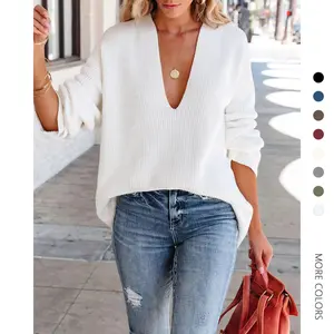 Danedvi Womens Oversized Deep V Neck Sweaters Sexy Long Sleeve Tunic Sweater Knitted Dressy Pullover Jumper
