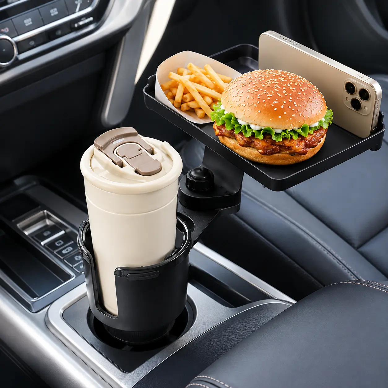 Car Cup Holder Expander with Snack Tray, 360° Rotatable Adjustable Cup Holder Extender for Car, Food Drink Phone Organizer for Road Trip and Travel
