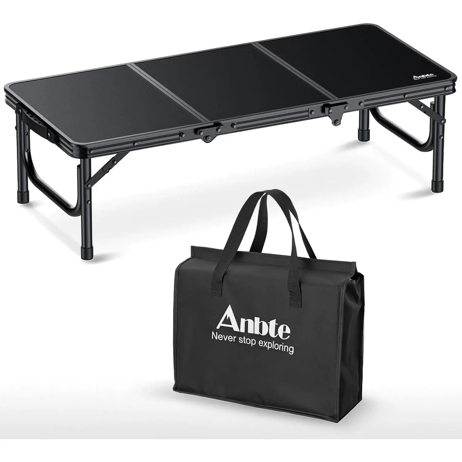 Anbte 3ft Foldable Easy-Carry Outdoor Sports Table, 3 Heights Adjustable 10.3" Height Thicker Aluminum Small Camping Table with Storage Bag, Portable Handle, Lightweight, 34.2" x 15.7" x 10.3", Black, for Camping Beach Use, Foldable Tables, Easy-Carry Tab