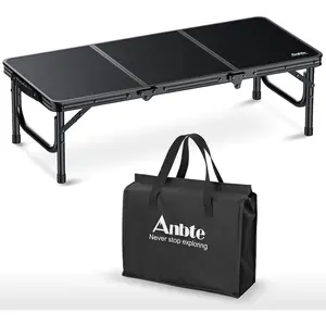 Anbte 3ft Low Folding Picnic Table, 10.3" Height Thicker Aluminum Small Camping Table with Storage Bag, Portable Handle, Lightweight, for Camping Beach Party Picnic Floor, 34.2" x 15.7", Black